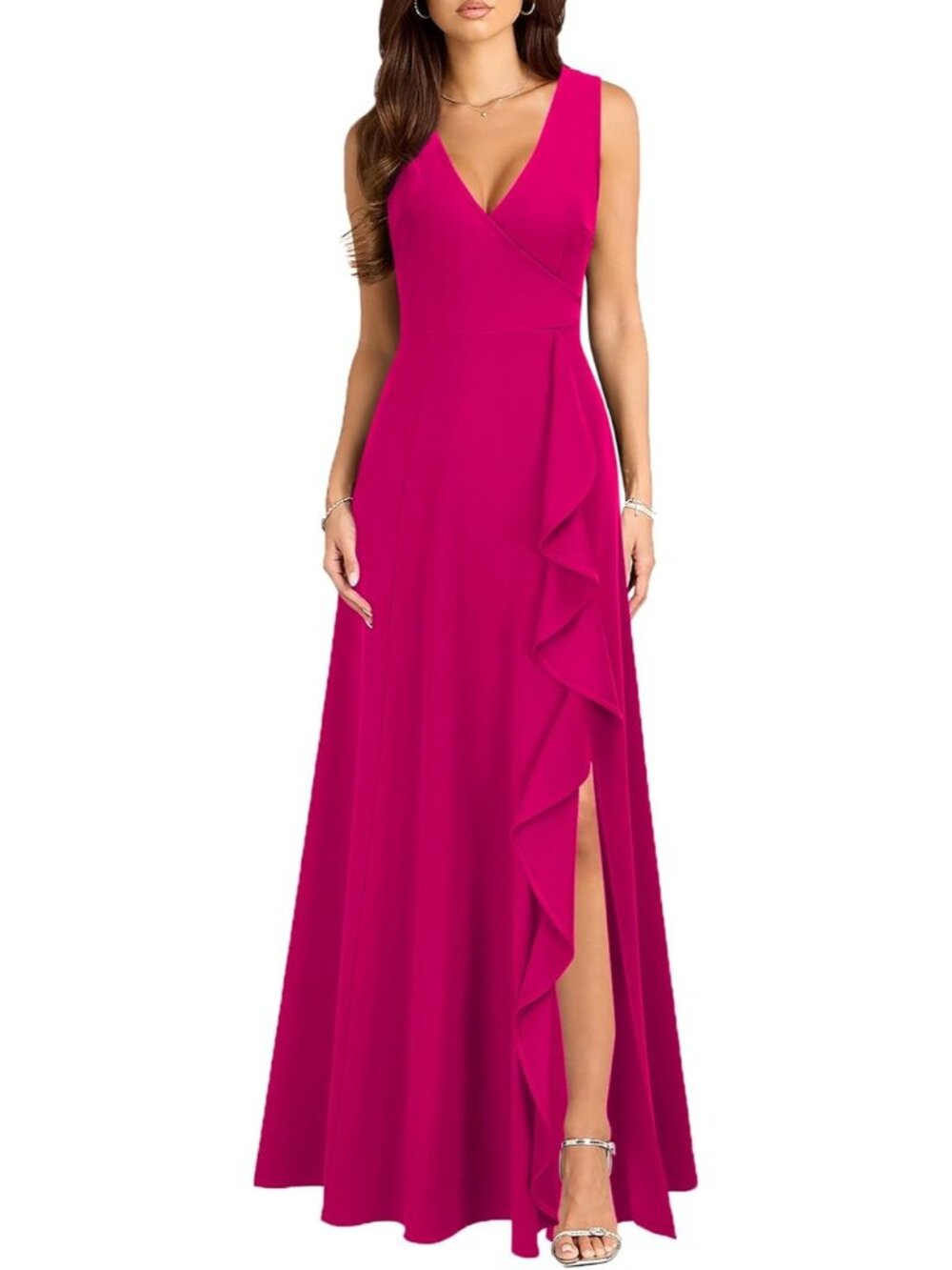 Women's Magenta V Neck Sexy Split Cocktail With Pockets Ruffle Party Long Dress